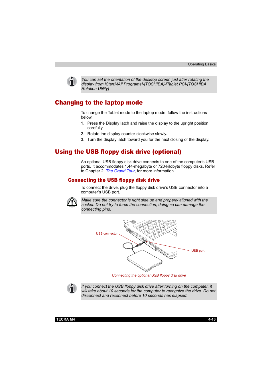 Changing to the laptop mode, Using the usb floppy disk drive (optional), Connecting the usb floppy disk drive | Connecting the usb floppy disk drive -13 | Toshiba Tecra M4 User Manual | Page 85 / 237