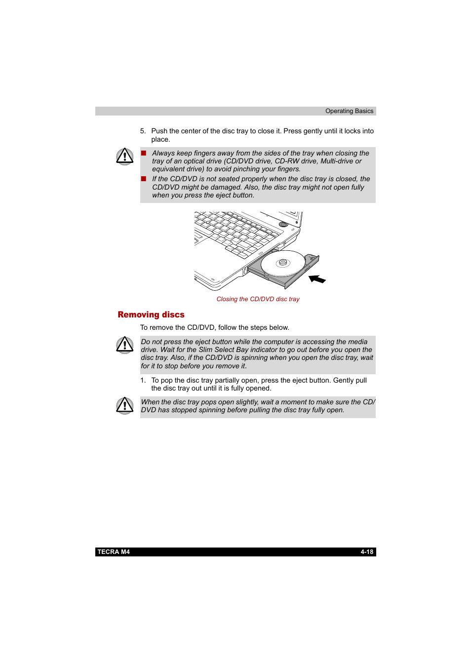 Removing discs, Removing discs -18 | Toshiba Tecra M4 User Manual | Page 90 / 237