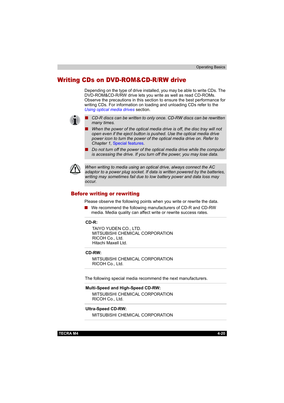 Writing cds on dvd-rom&cd-r/rw drive, Before writing or rewriting, Writing cds on dvd-rom&cd-r/rw drive -20 | Before writing or rewriting -20, Writing cds on, Dvd-rom&cd-r/rw drive | Toshiba Tecra M4 User Manual | Page 92 / 237