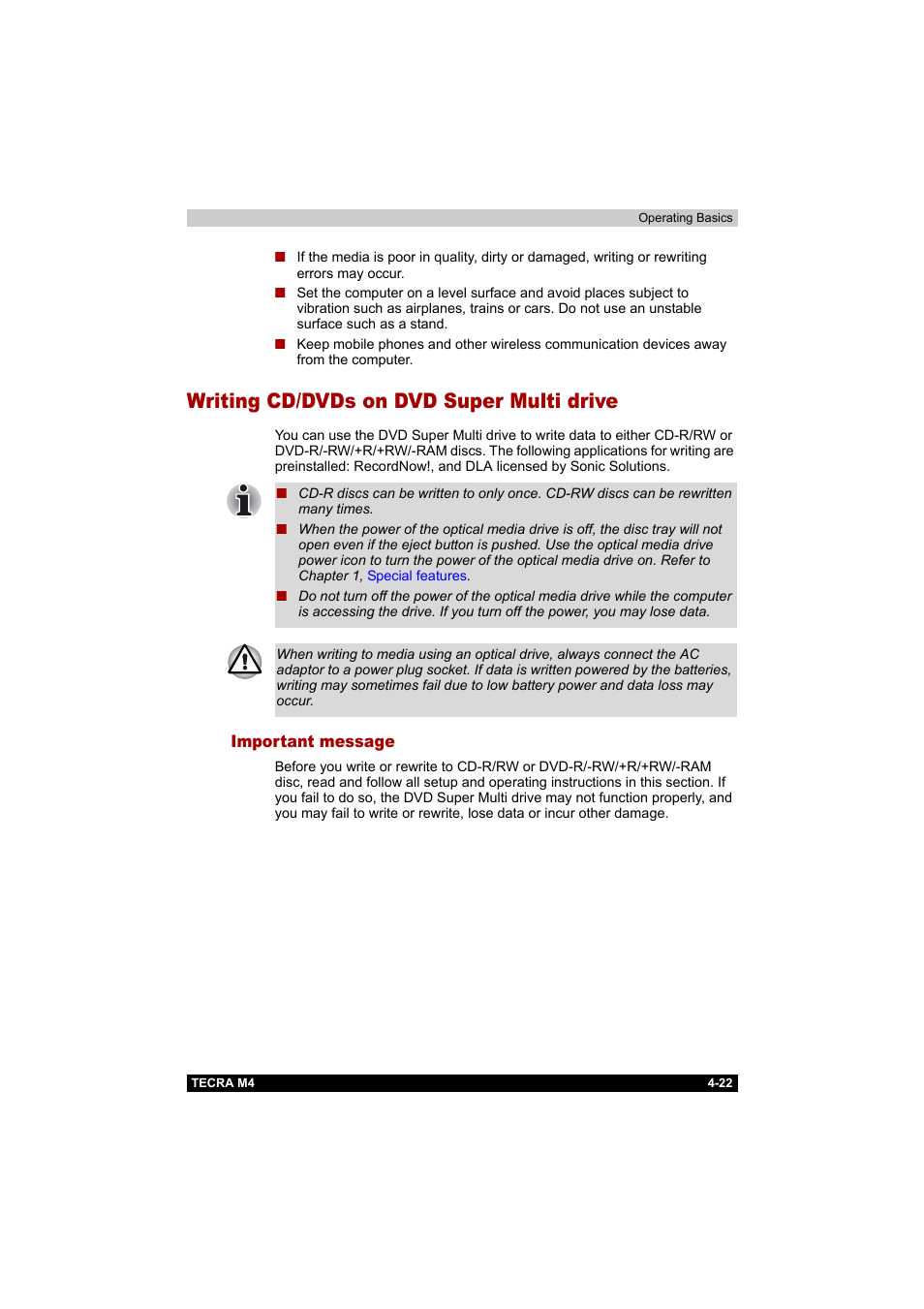 Writing cd/dvds on dvd super multi drive, Important message, Writing cd/dvds on dvd super multi drive -22 | Important message -22, Writing cd/dvds on, Dvd super multi drive | Toshiba Tecra M4 User Manual | Page 94 / 237