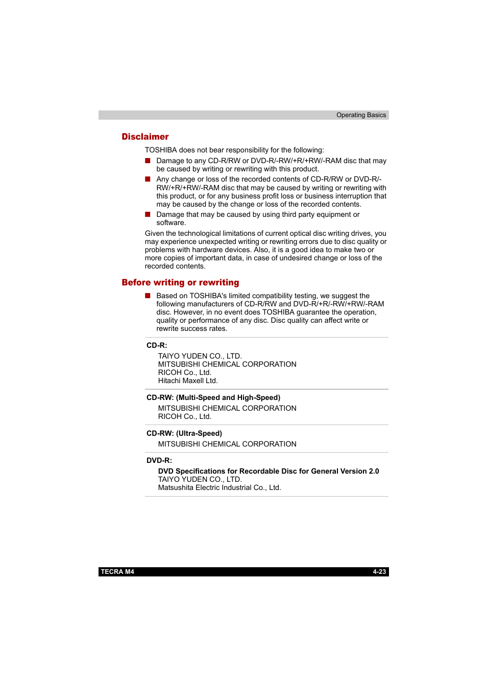 Disclaimer, Before writing or rewriting, Disclaimer -23 before writing or rewriting -23 | Toshiba Tecra M4 User Manual | Page 95 / 237