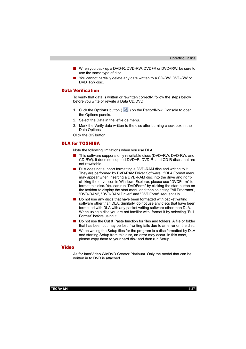 Data verification, Dla for toshiba, Video | Toshiba Tecra M4 User Manual | Page 99 / 237
