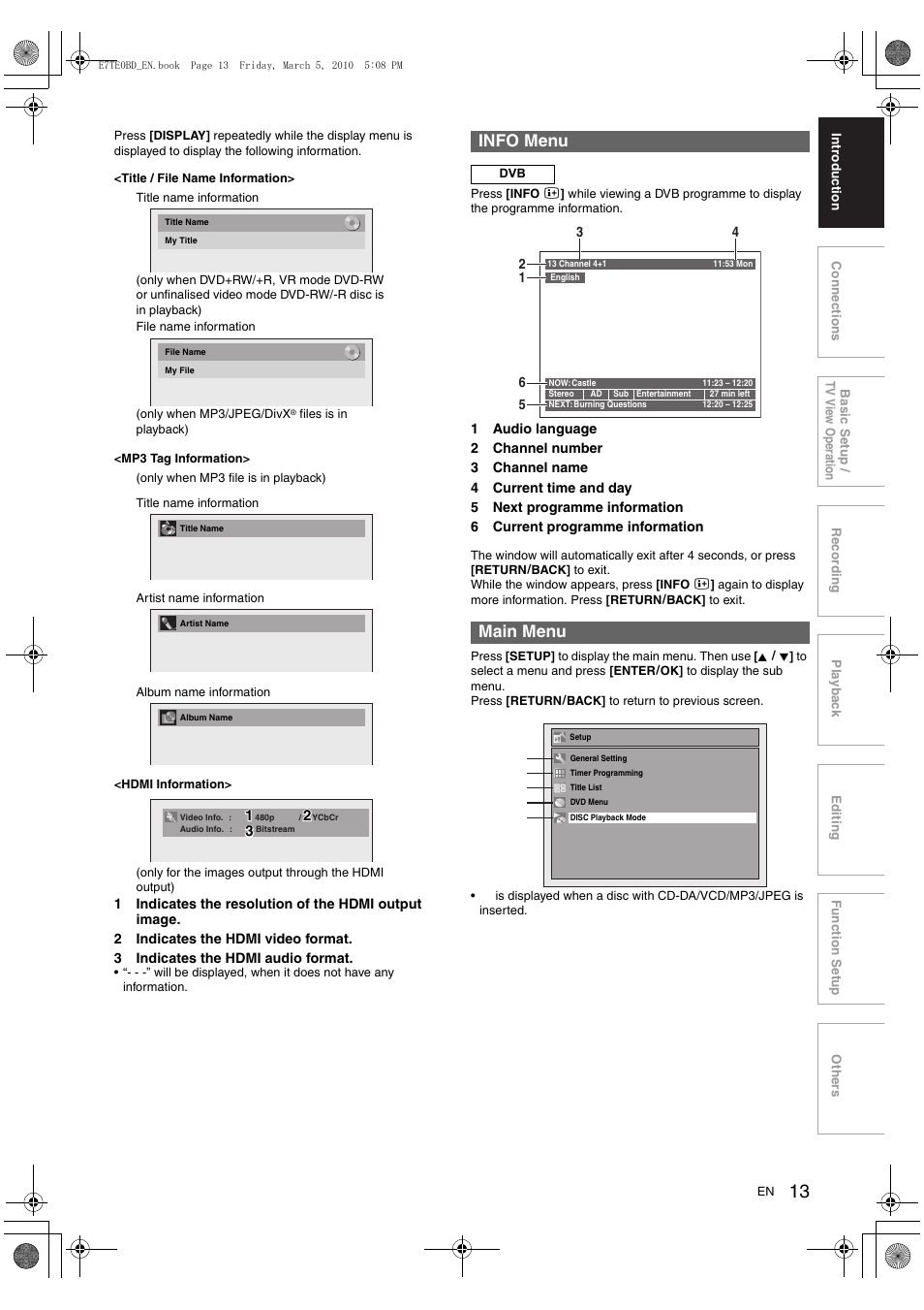 Info menu, Main menu | Toshiba DR20 User Manual | Page 13 / 76