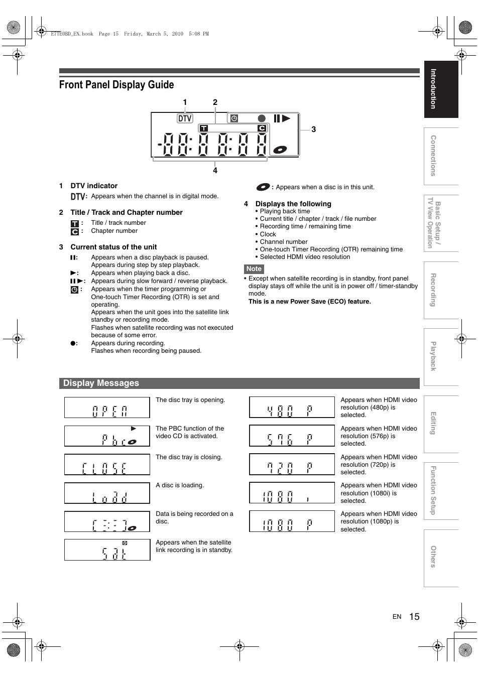 Front panel display guide, Display messages | Toshiba DR20 User Manual | Page 15 / 76