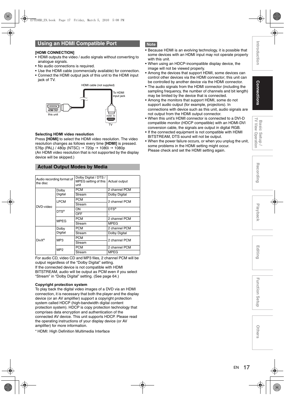 Using an hdmi compatible port | Toshiba DR20 User Manual | Page 17 / 76