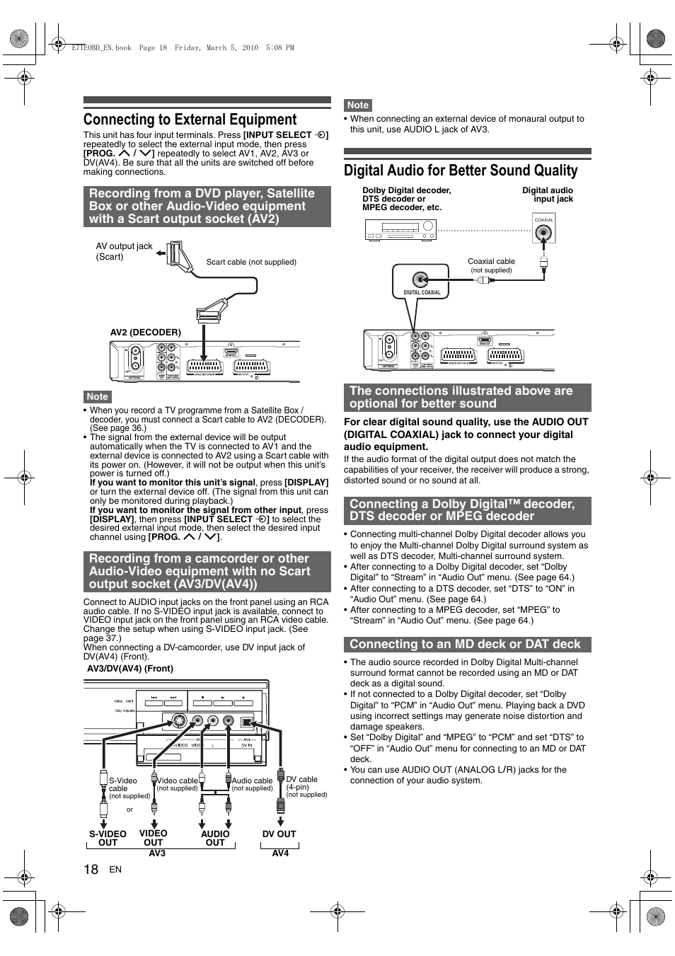 Connecting to external equipment, Digital audio for better sound quality | Toshiba DR20 User Manual | Page 18 / 76