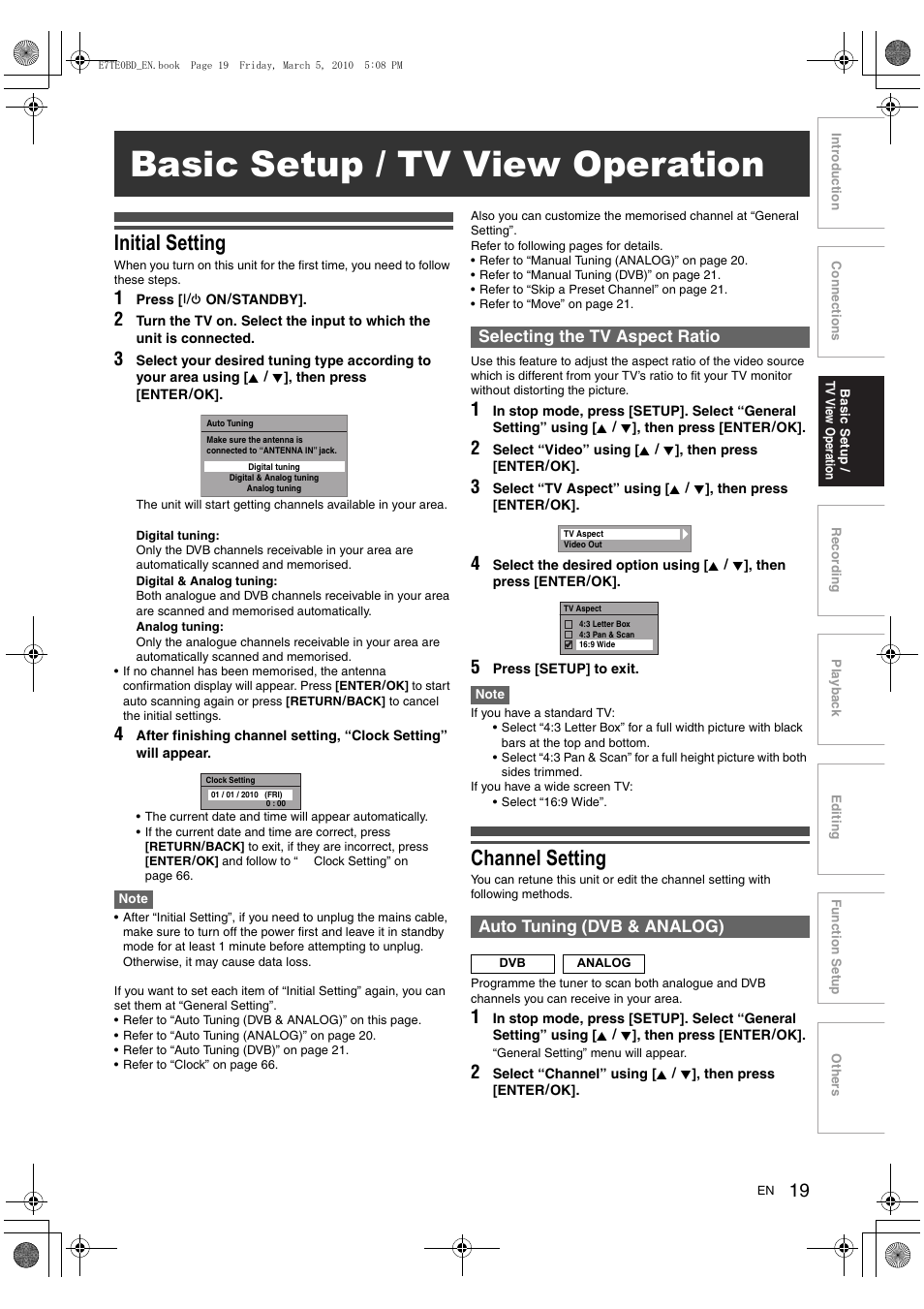 Basic setup / tv view operation, Initial setting, Channel setting | Toshiba DR20 User Manual | Page 19 / 76