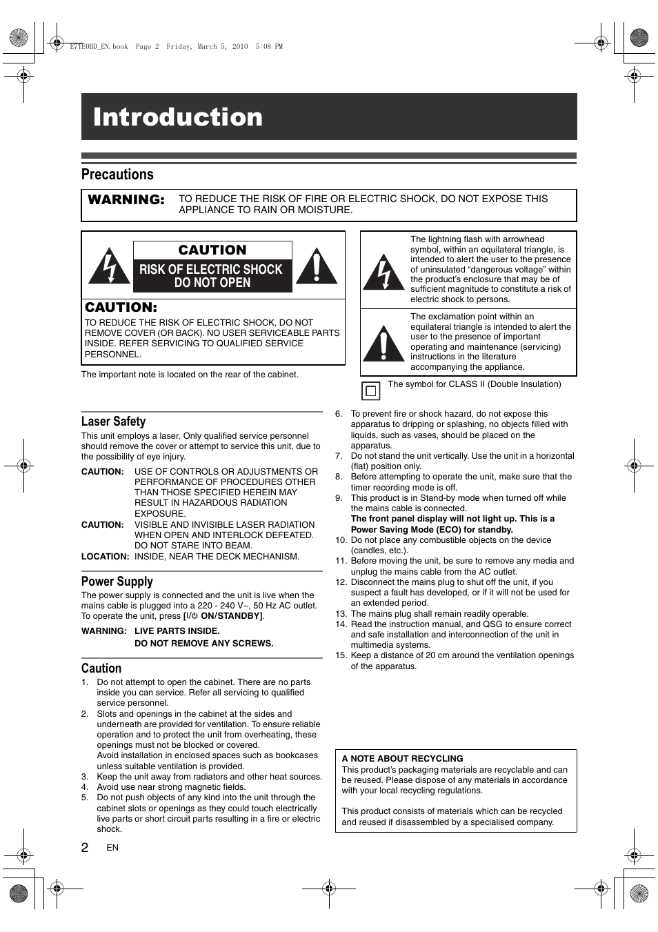 Introduction, Precautions, Laser safety | Power supply, Caution, Warning, Risk of electric shock do not open caution | Toshiba DR20 User Manual | Page 2 / 76