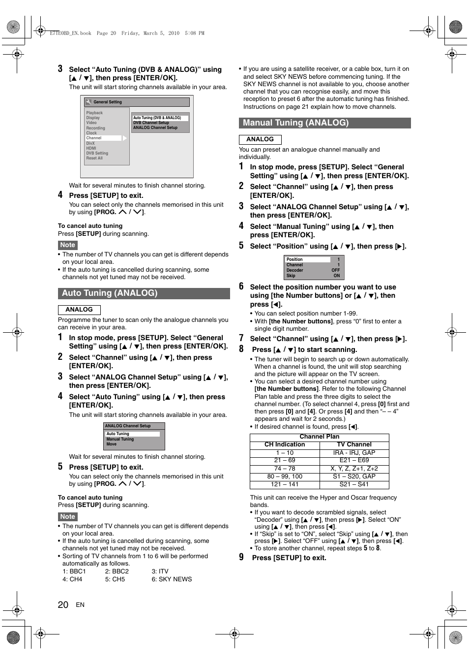 Auto tuning (analog), Manual tuning (analog) | Toshiba DR20 User Manual | Page 20 / 76