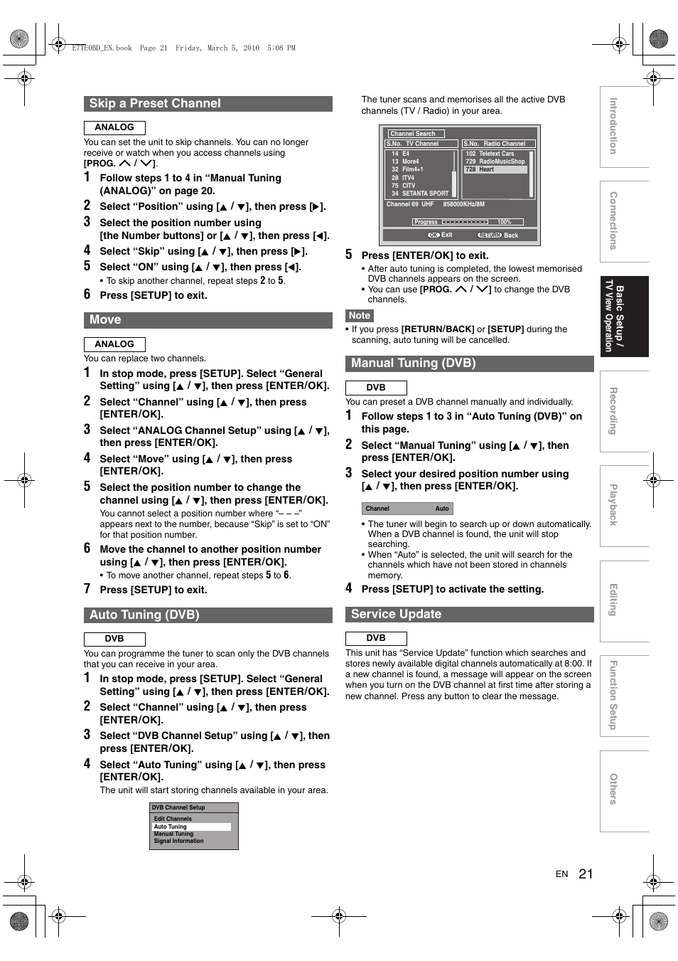 Skip a preset channel, Move, Auto tuning (dvb) | Manual tuning (dvb), Service update | Toshiba DR20 User Manual | Page 21 / 76