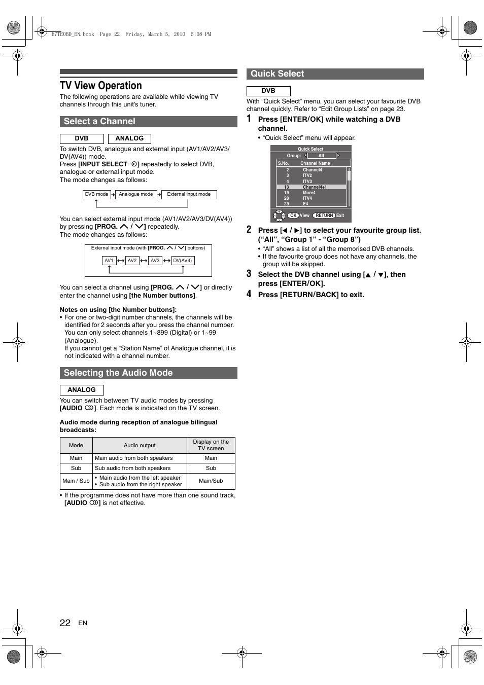 Tv view operation, Select a channel, Selecting the audio mode | Quick select | Toshiba DR20 User Manual | Page 22 / 76