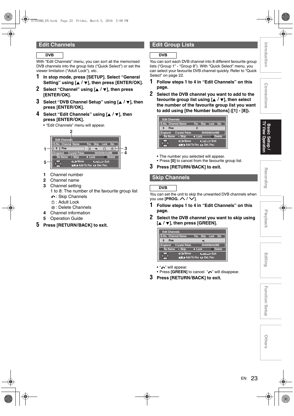 Edit channels, Edit group lists, Skip channels | Toshiba DR20 User Manual | Page 23 / 76