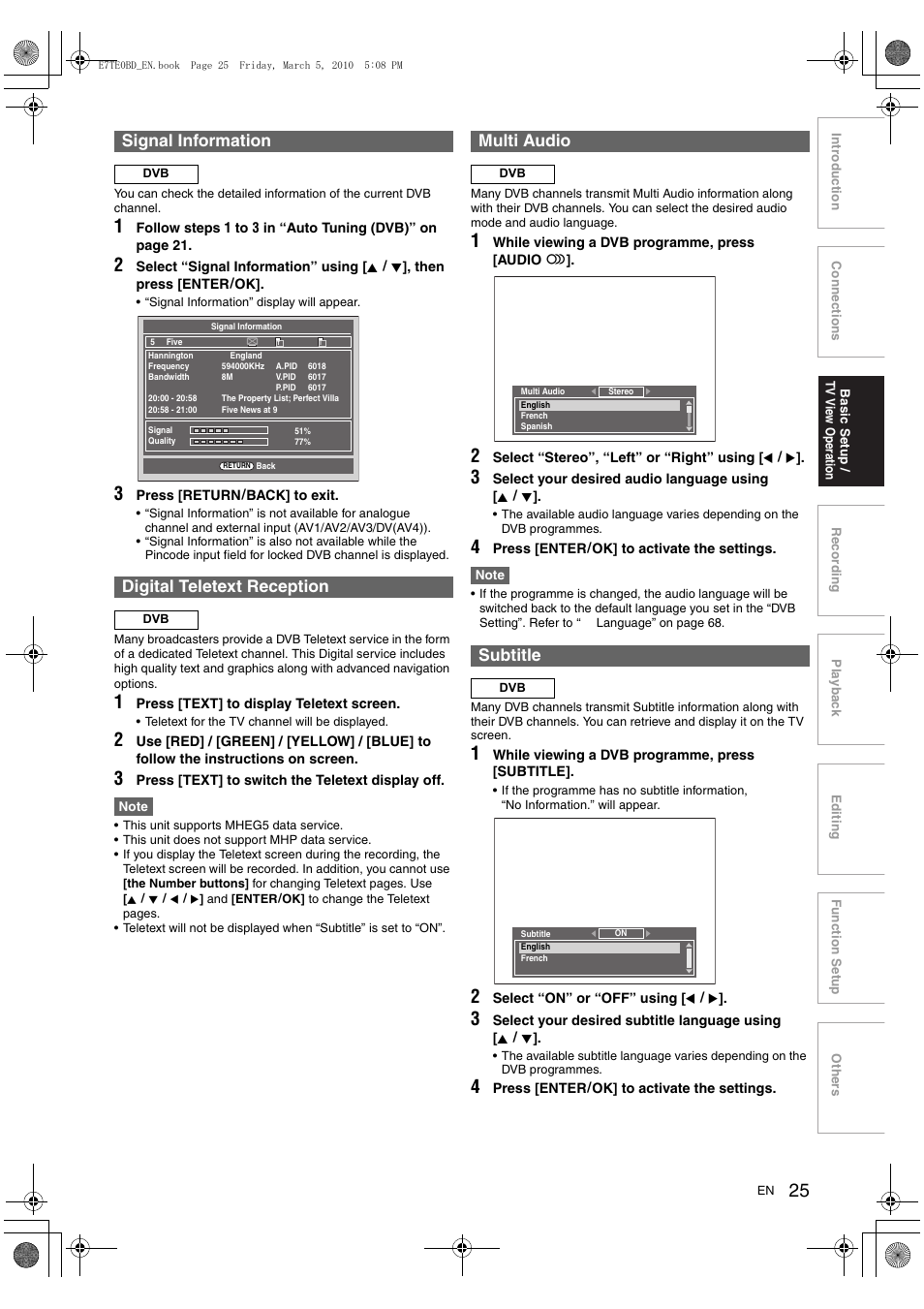 Signal information, Digital teletext reception, Multi audio | Subtitle | Toshiba DR20 User Manual | Page 25 / 76