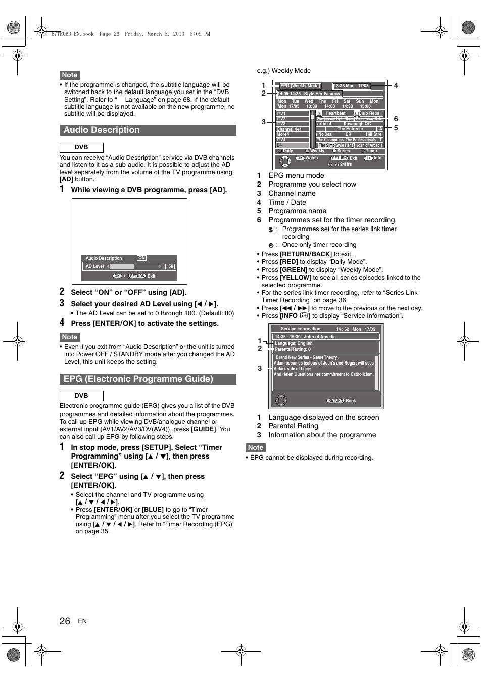 Audio description, Epg (electronic programme guide) | Toshiba DR20 User Manual | Page 26 / 76