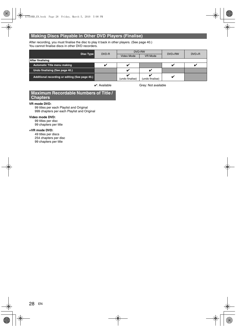 Maximum recordable numbers of title / chapters | Toshiba DR20 User Manual | Page 28 / 76