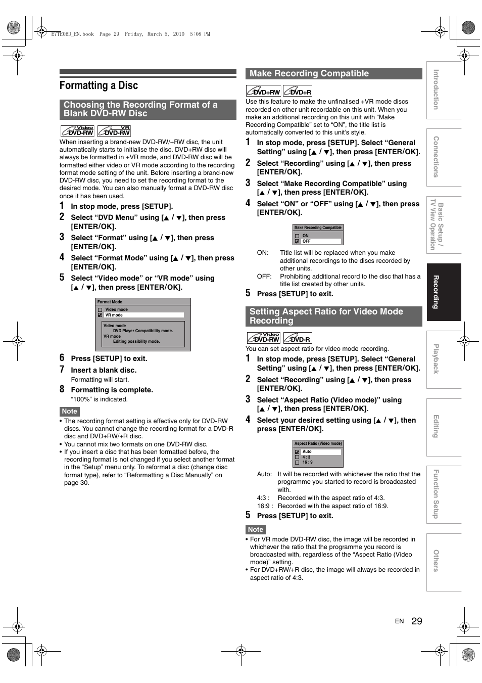 Formatting a disc, Make recording compatible, Setting aspect ratio for video mode recording | Toshiba DR20 User Manual | Page 29 / 76