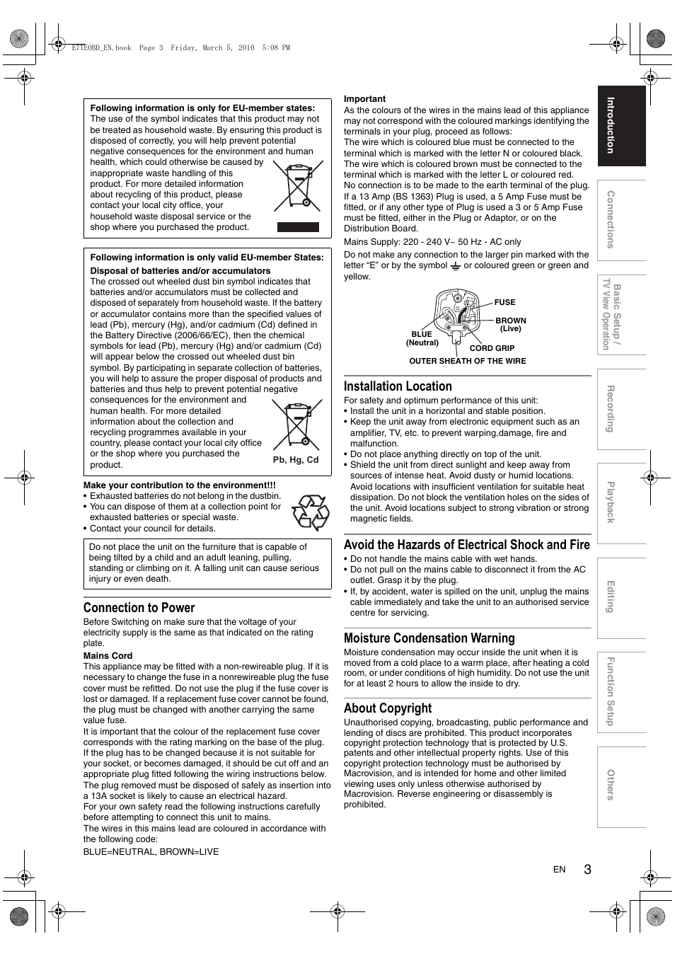 Connection to power, Installation location, Avoid the hazards of electrical shock and fire | Moisture condensation warning, About copyright | Toshiba DR20 User Manual | Page 3 / 76