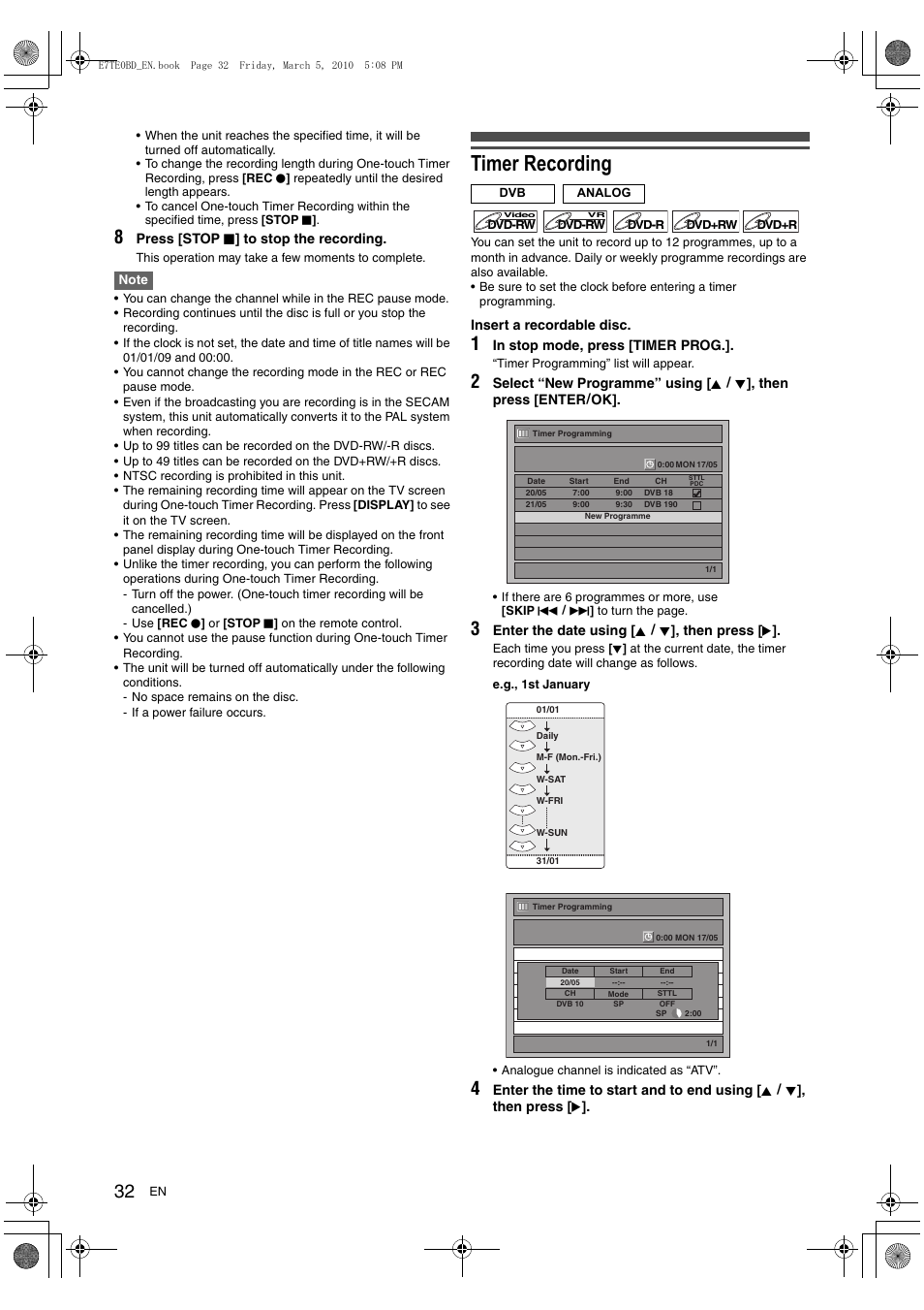 Timer recording | Toshiba DR20 User Manual | Page 32 / 76