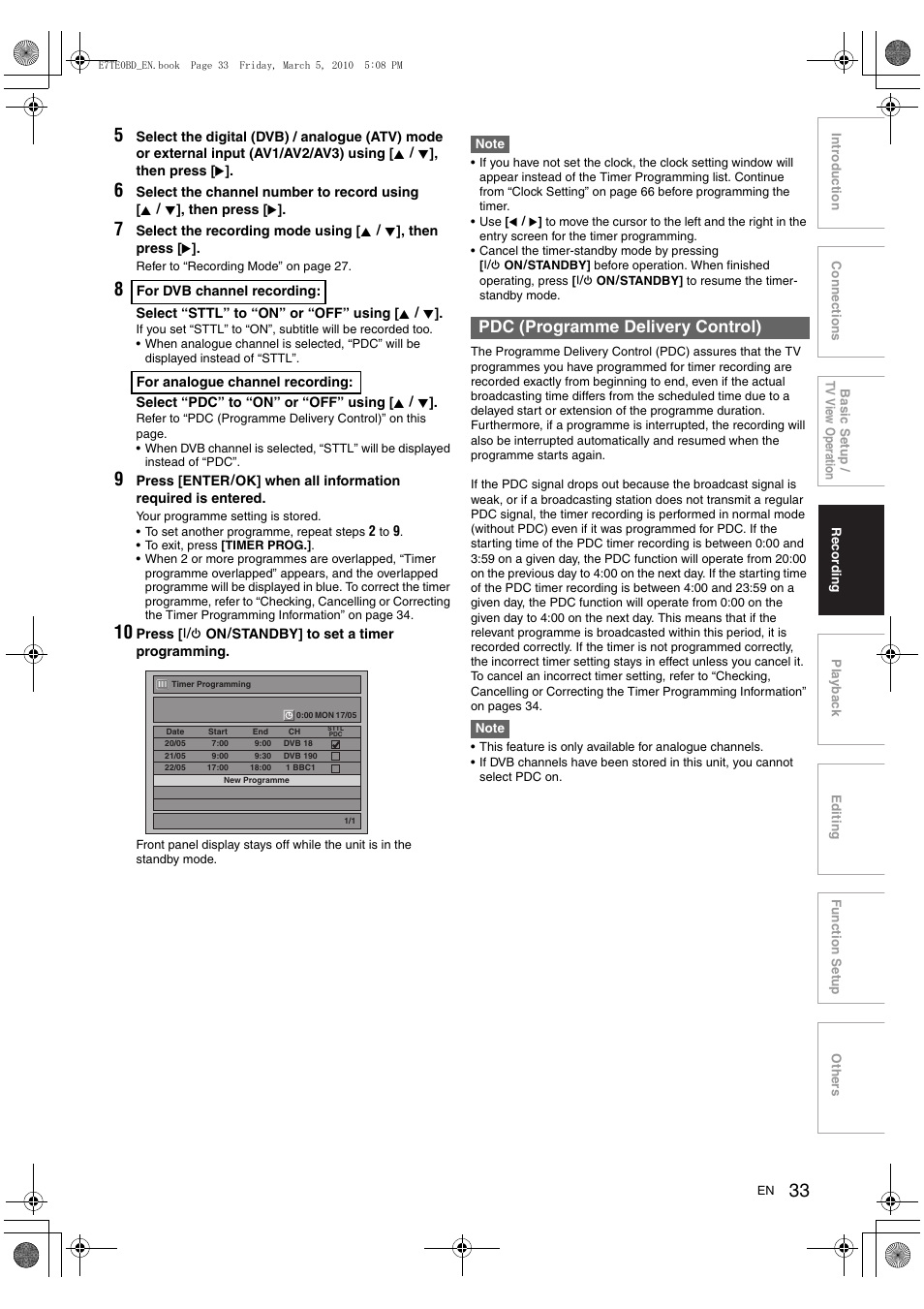 Pdc (programme delivery control) | Toshiba DR20 User Manual | Page 33 / 76