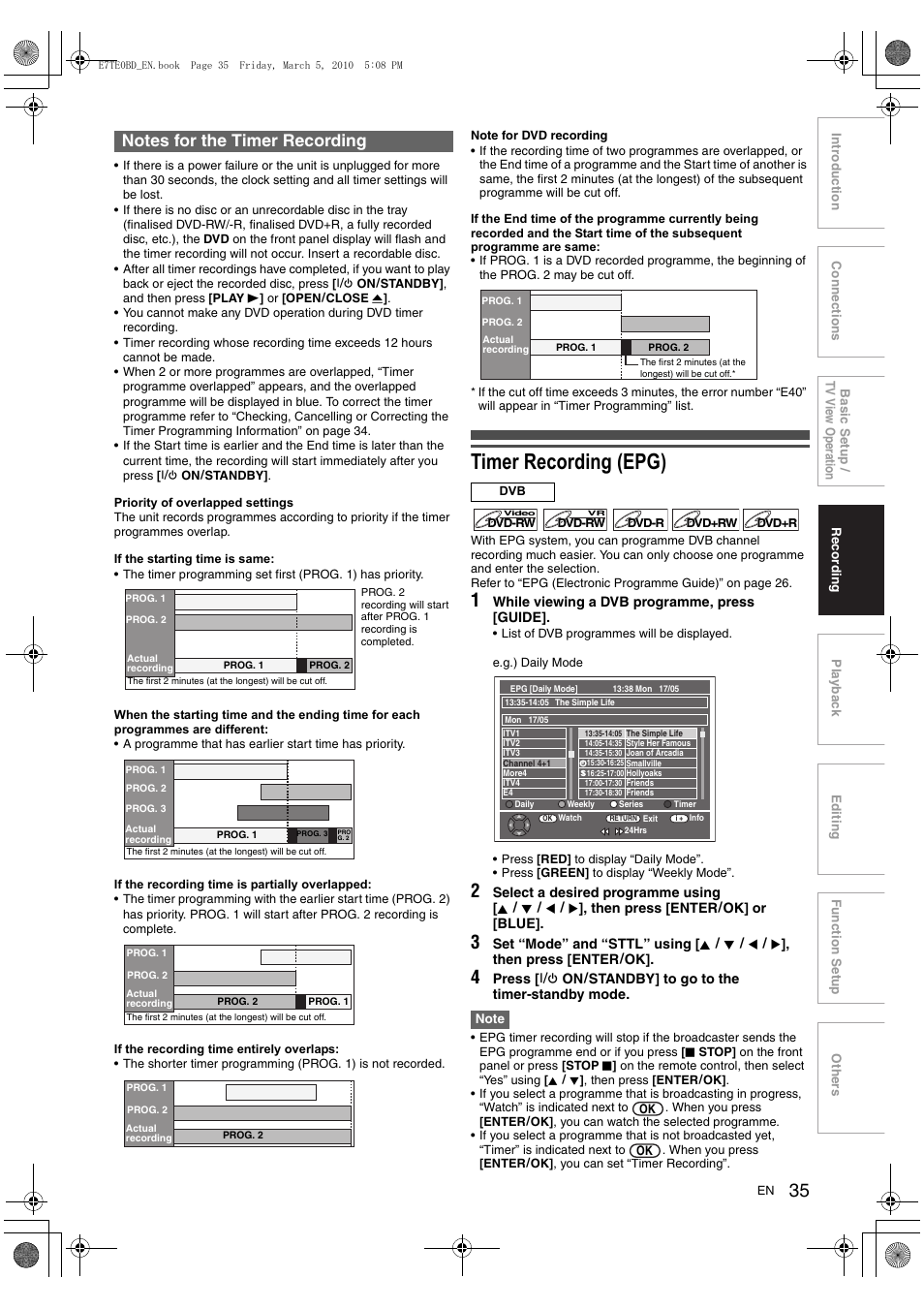 Timer recording (epg) | Toshiba DR20 User Manual | Page 35 / 76