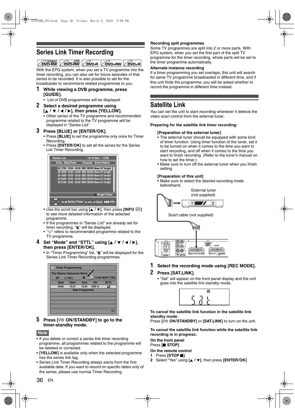 Series link timer recording, Satellite link | Toshiba DR20 User Manual | Page 36 / 76