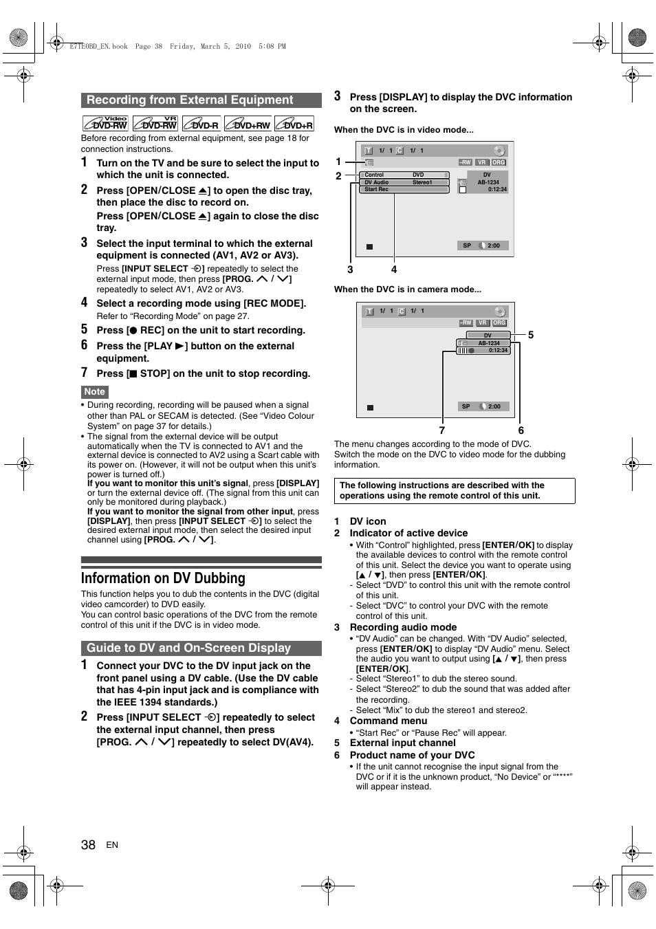 Information on dv dubbing | Toshiba DR20 User Manual | Page 38 / 76