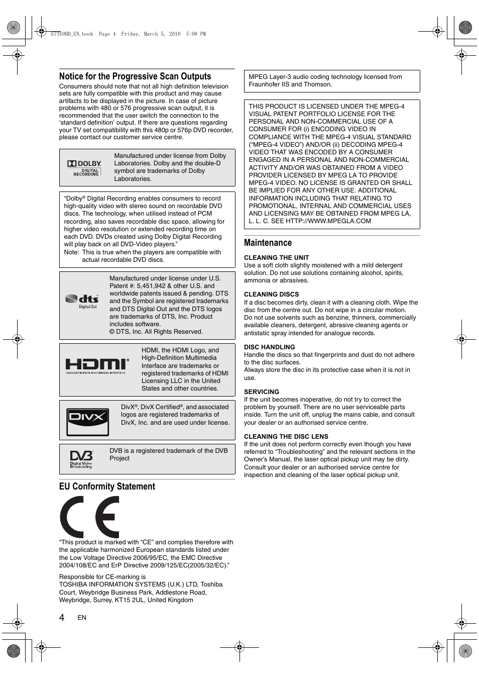 Notice for the progressive scan outputs, Eu conformity statement, Maintenance | Toshiba DR20 User Manual | Page 4 / 76