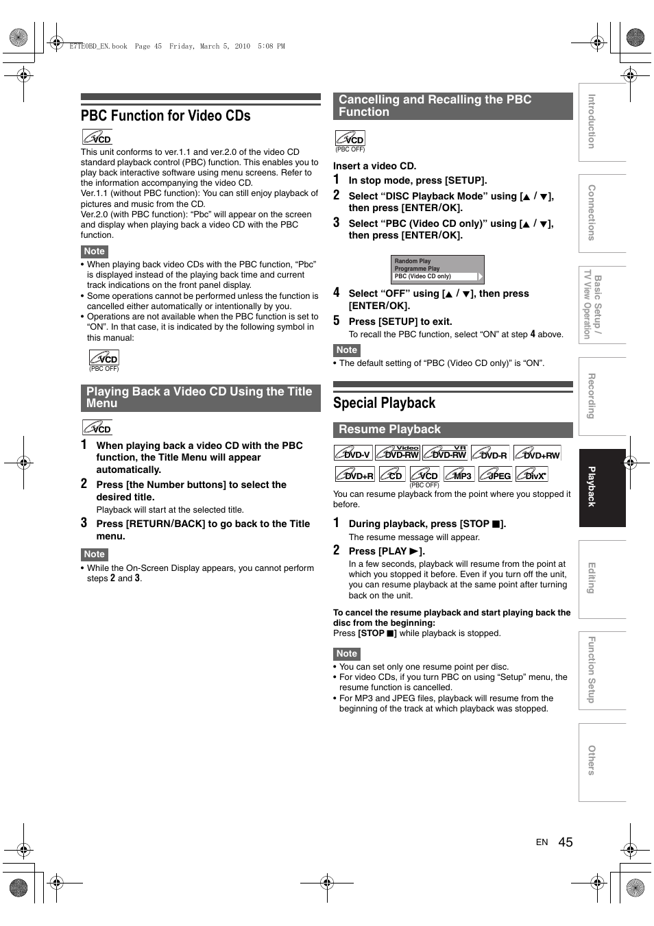 Pbc function for video cds, Special playback, Playing back a video cd using the title menu | Toshiba DR20 User Manual | Page 45 / 76