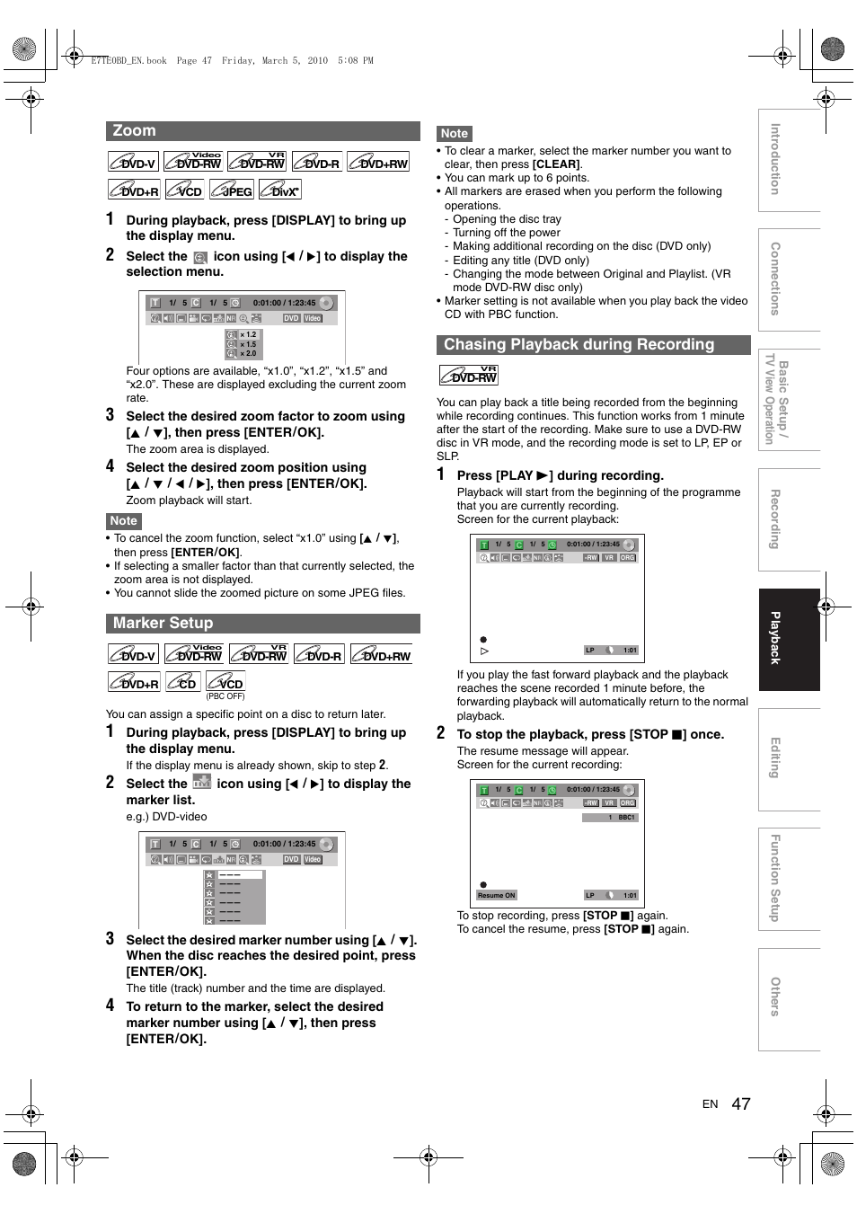 Zoom marker setup, Chasing playback during recording | Toshiba DR20 User Manual | Page 47 / 76