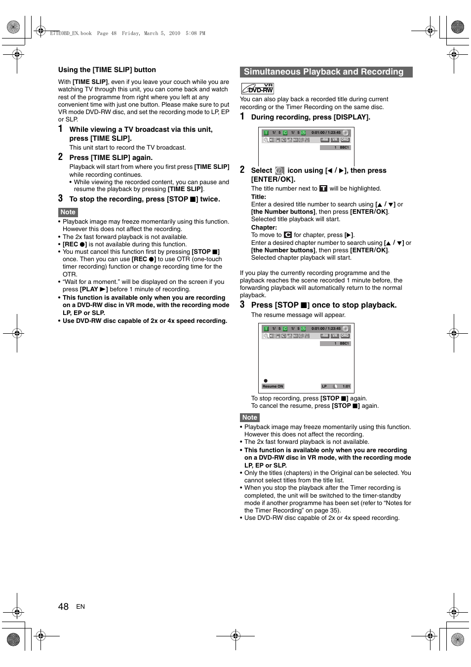 Simultaneous playback and recording | Toshiba DR20 User Manual | Page 48 / 76
