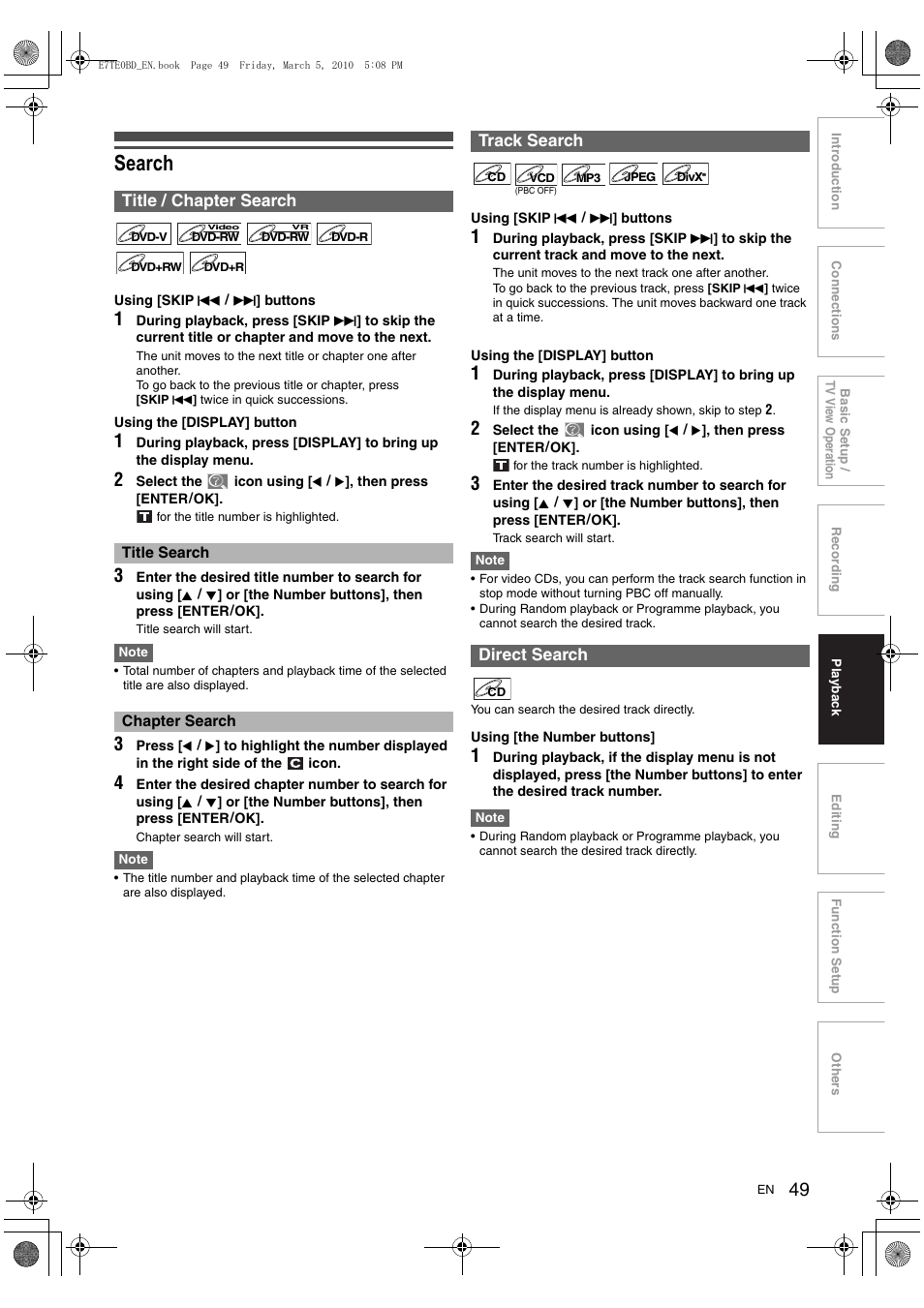 Search, Title / chapter search, Track search direct search | Toshiba DR20 User Manual | Page 49 / 76