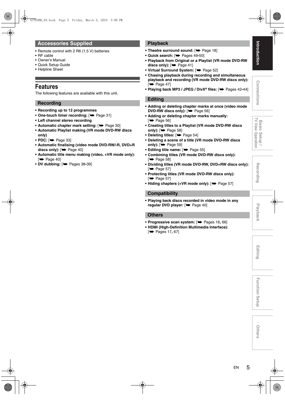 Features, Accessories supplied | Toshiba DR20 User Manual | Page 5 / 76