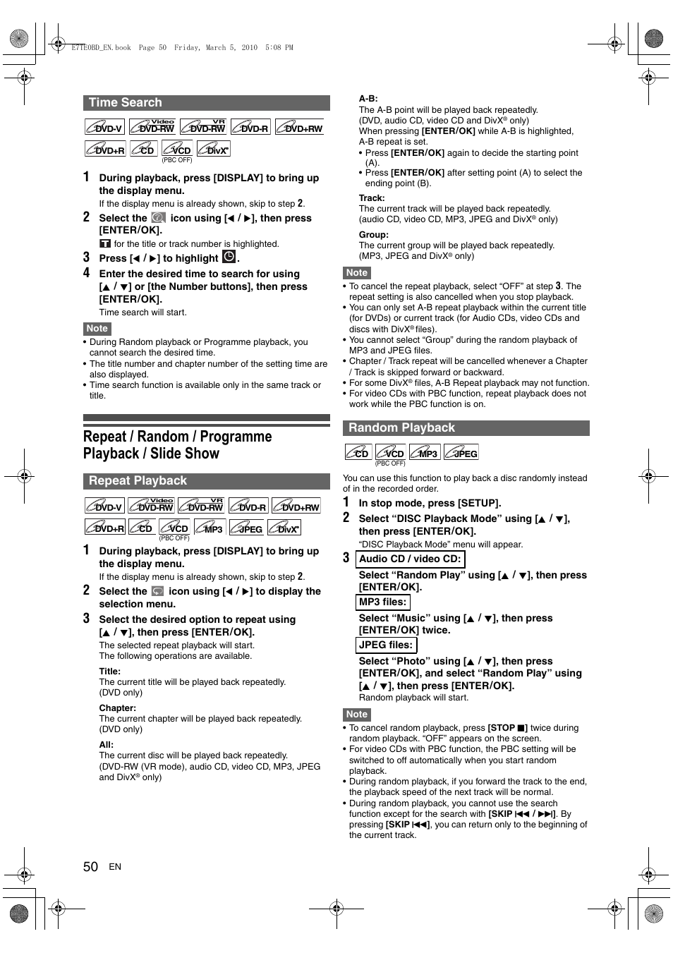 Repeat / random / programme playback / slide show, Time search repeat playback, Random playback | Toshiba DR20 User Manual | Page 50 / 76