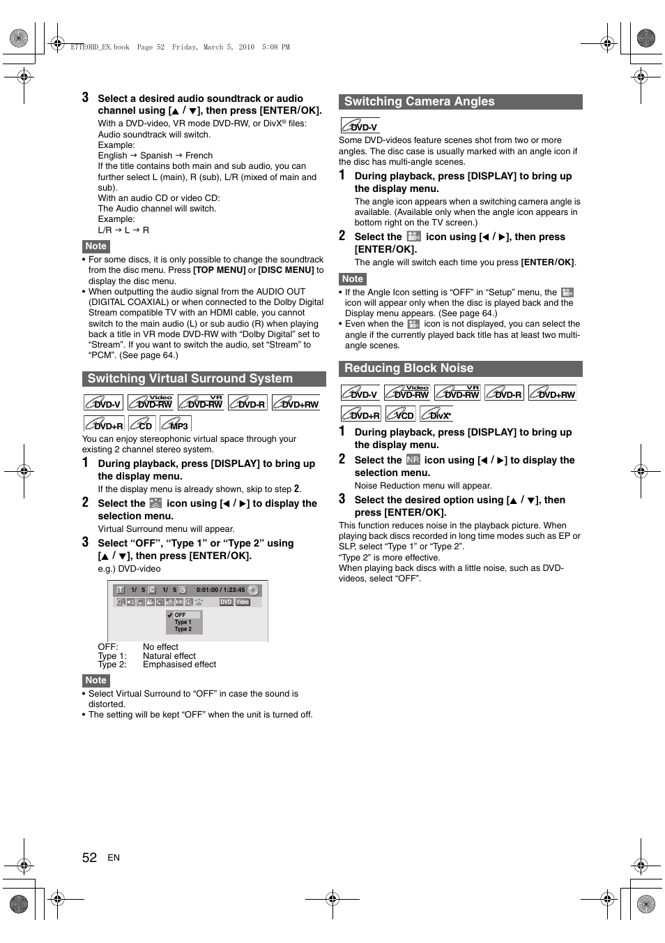 Switching virtual surround system, Switching camera angles reducing block noise | Toshiba DR20 User Manual | Page 52 / 76