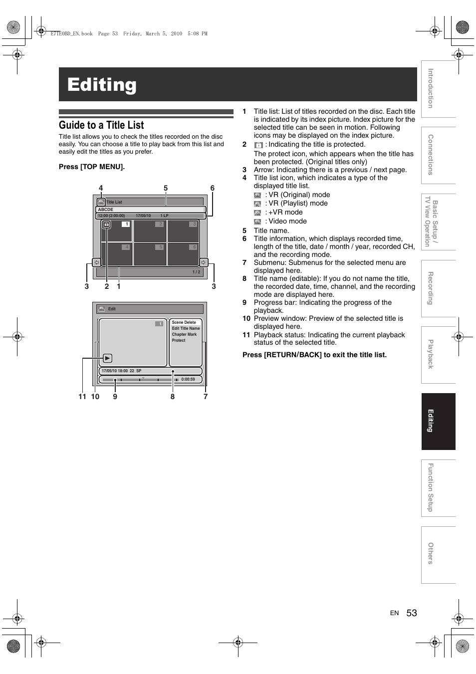 Editing, Guide to a title list | Toshiba DR20 User Manual | Page 53 / 76