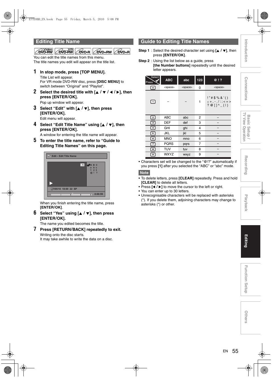 Editing title name, Guide to editing title names | Toshiba DR20 User Manual | Page 55 / 76