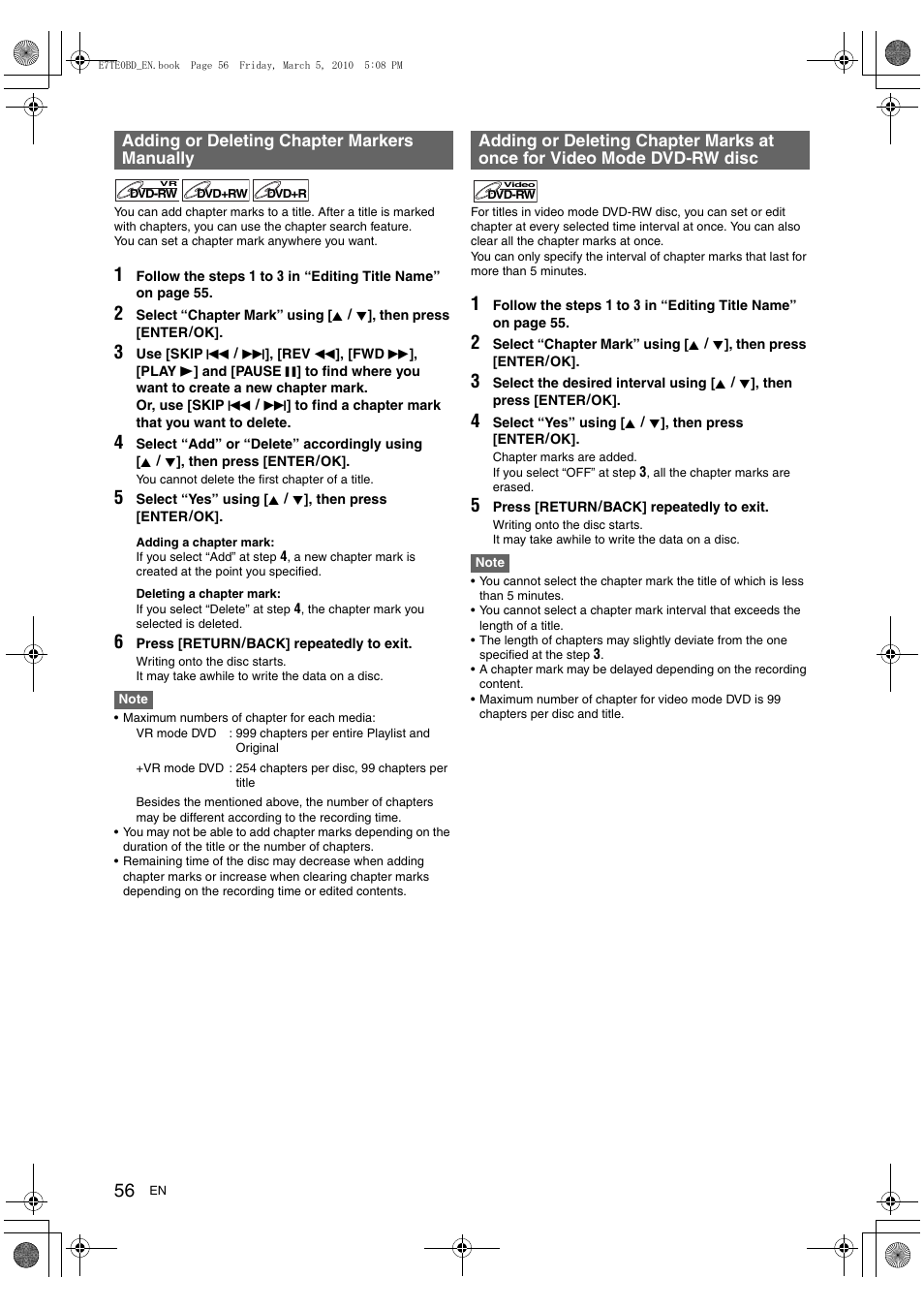 Adding or deleting chapter markers manually | Toshiba DR20 User Manual | Page 56 / 76