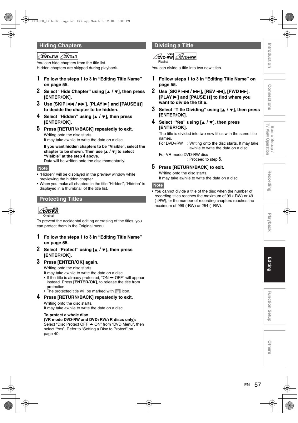 Hiding chapters protecting titles, Dividing a title | Toshiba DR20 User Manual | Page 57 / 76