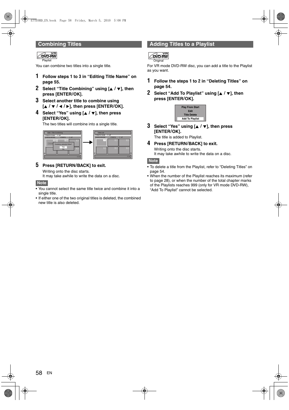 Combining titles, Adding titles to a playlist | Toshiba DR20 User Manual | Page 58 / 76