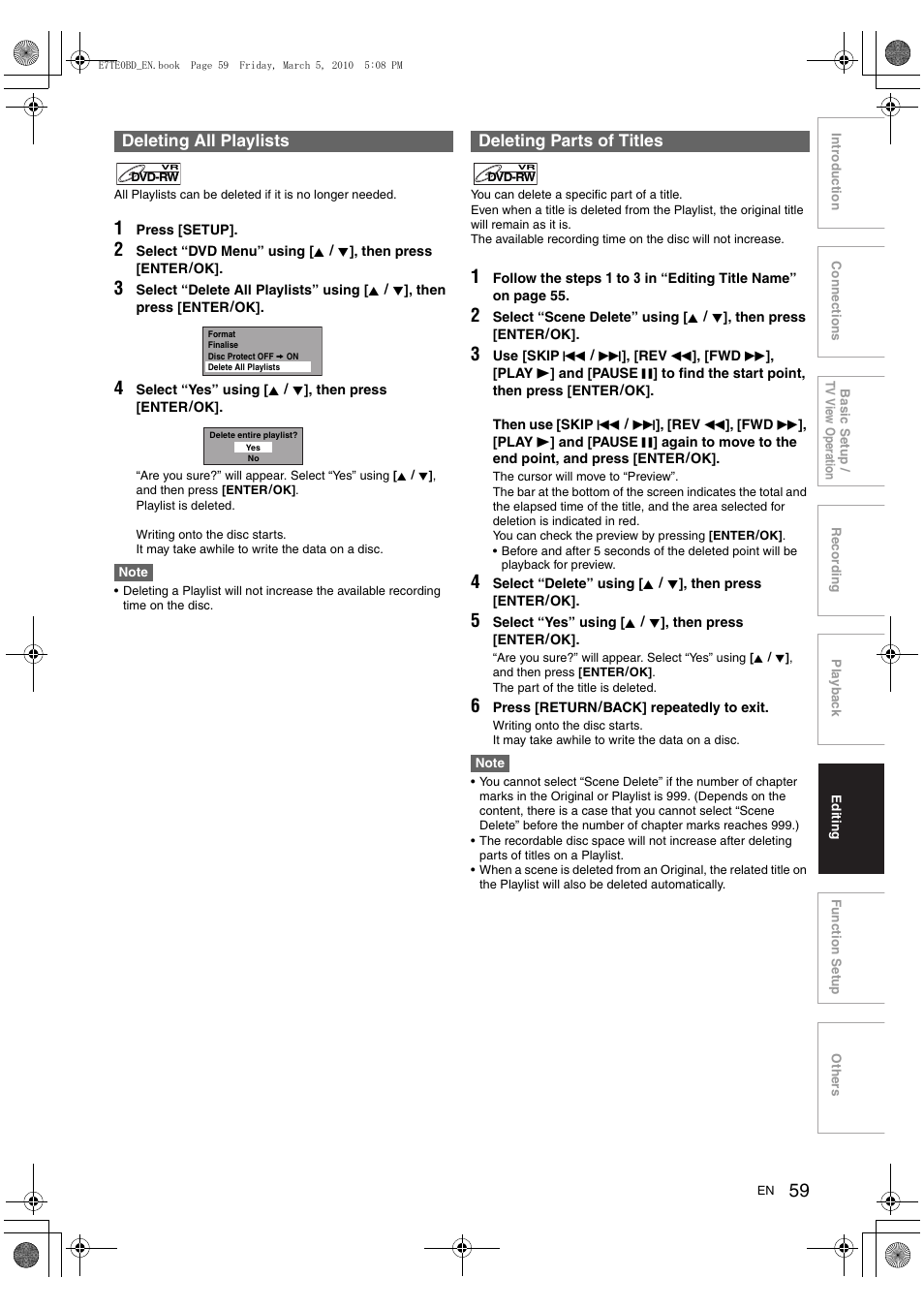 Deleting all playlists, Deleting parts of titles | Toshiba DR20 User Manual | Page 59 / 76