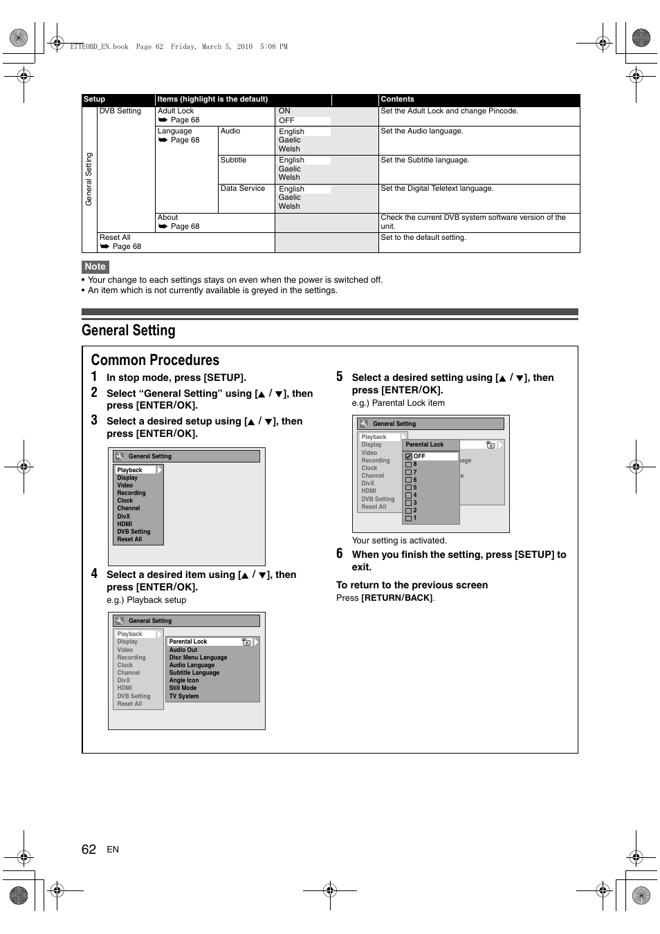 General setting, Common procedures | Toshiba DR20 User Manual | Page 62 / 76