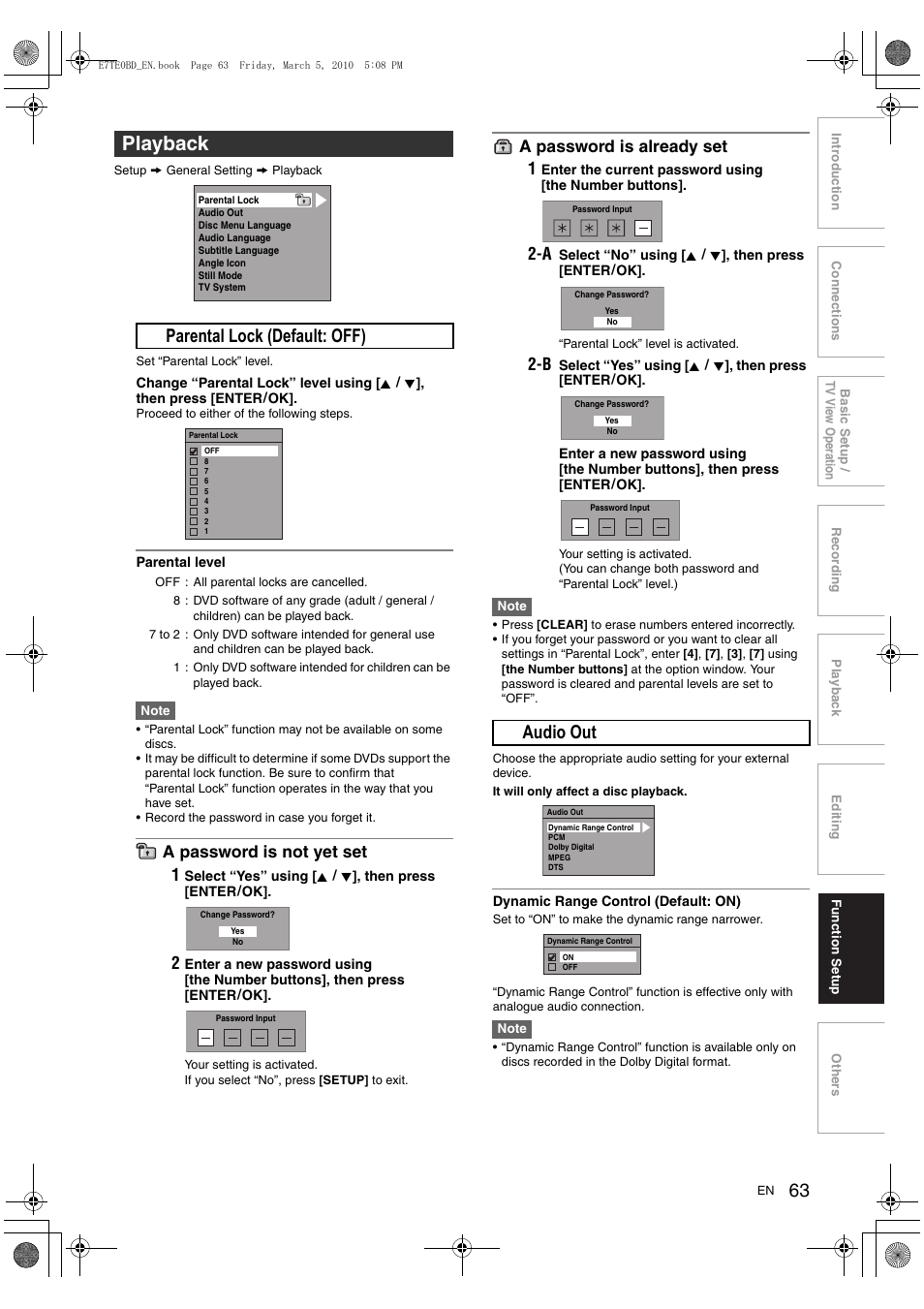 Playback, A parental lock (default: off), B audio out | A password is not yet set 1, A password is already set 1 | Toshiba DR20 User Manual | Page 63 / 76