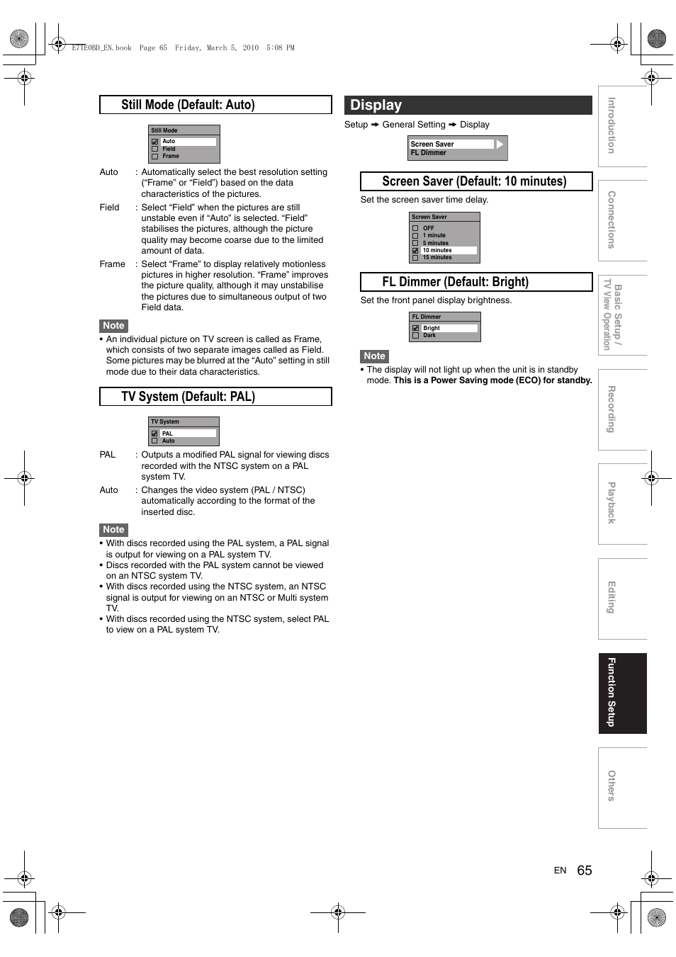 Display, G still mode (default: auto), H tv system (default: pal) | Toshiba DR20 User Manual | Page 65 / 76