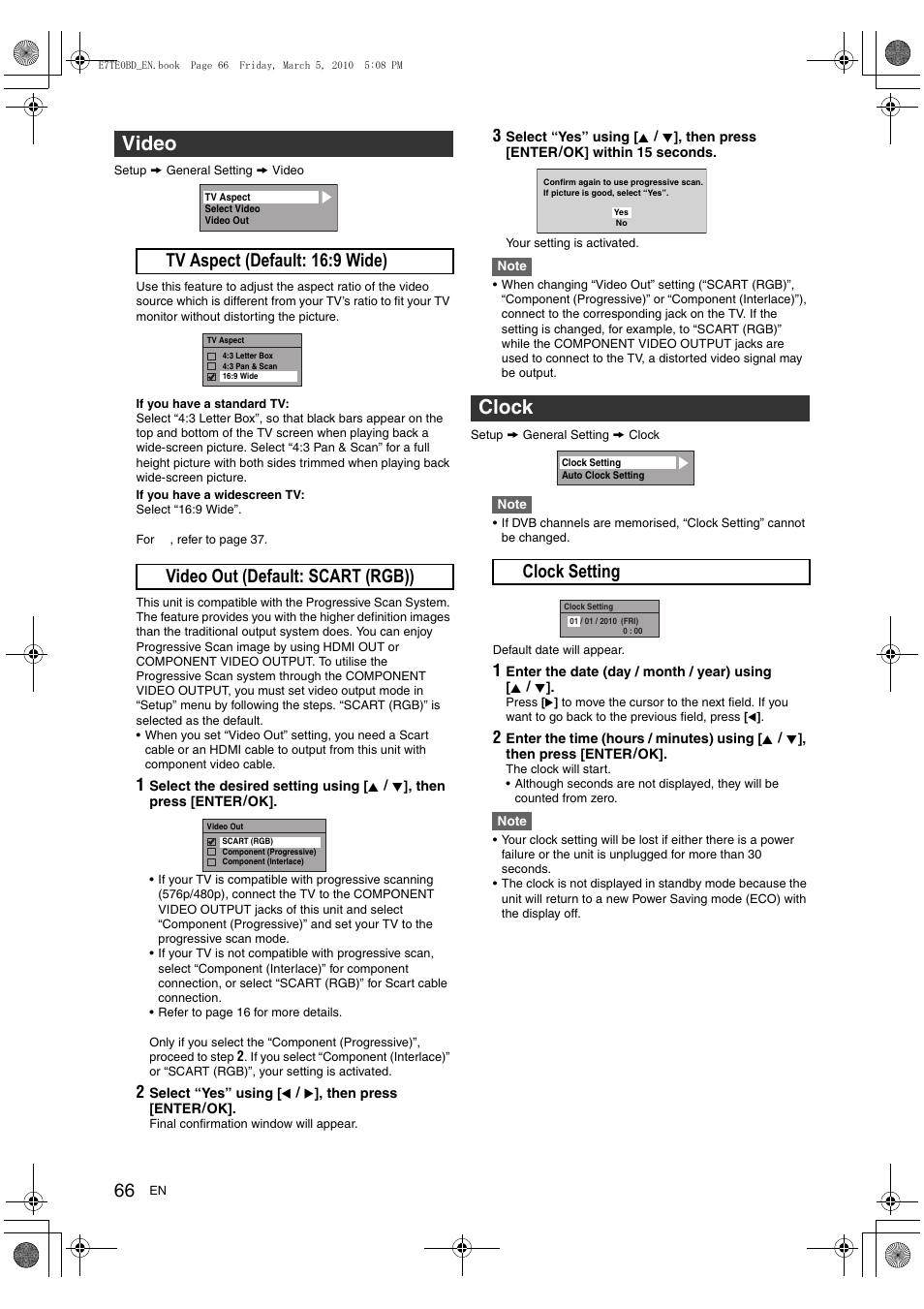 Video, Clock, A clock setting | Toshiba DR20 User Manual | Page 66 / 76