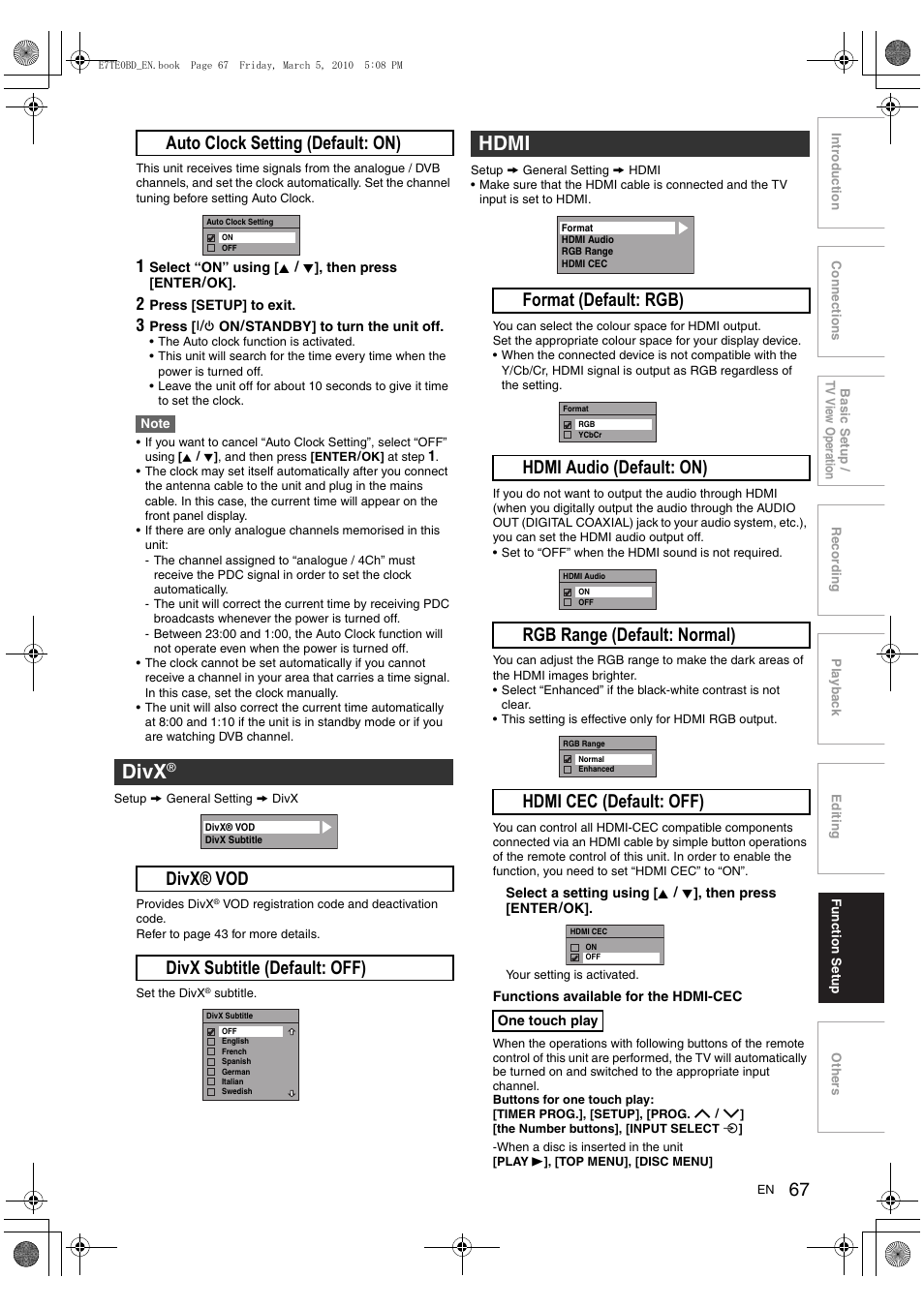 Divx, Hdmi, B auto clock setting (default: on) | A divx® vod b divx subtitle (default: off) | Toshiba DR20 User Manual | Page 67 / 76