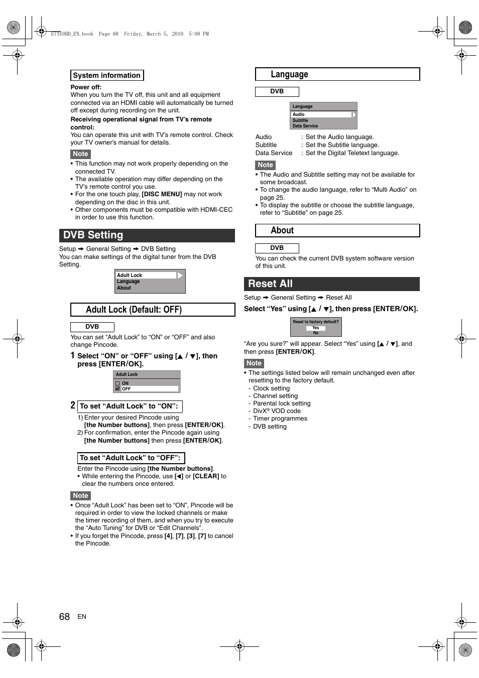 Dvb setting, Reset all, A adult lock (default: off) | B language, C about | Toshiba DR20 User Manual | Page 68 / 76