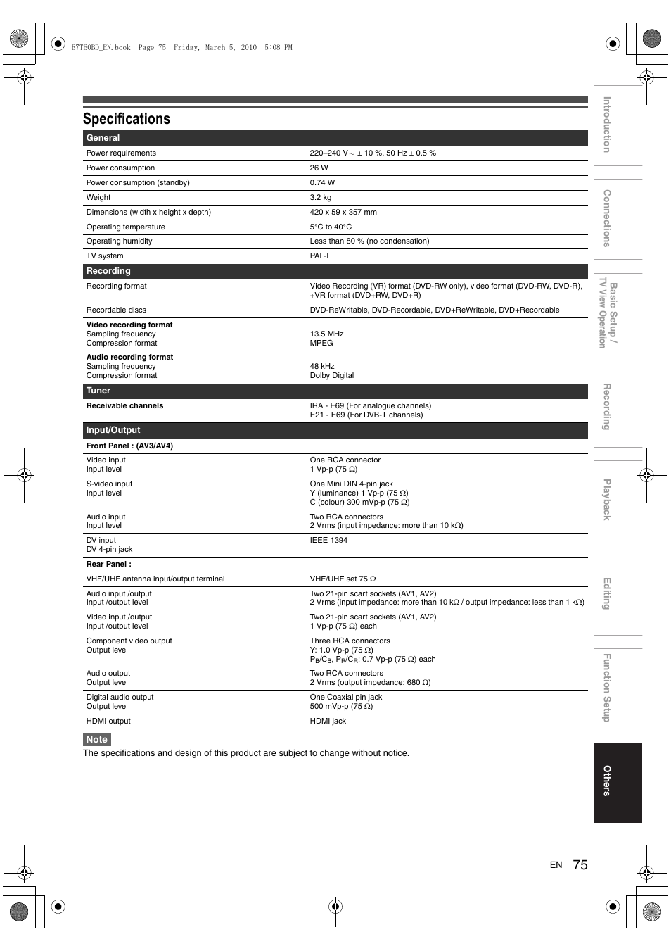 Specifications | Toshiba DR20 User Manual | Page 75 / 76