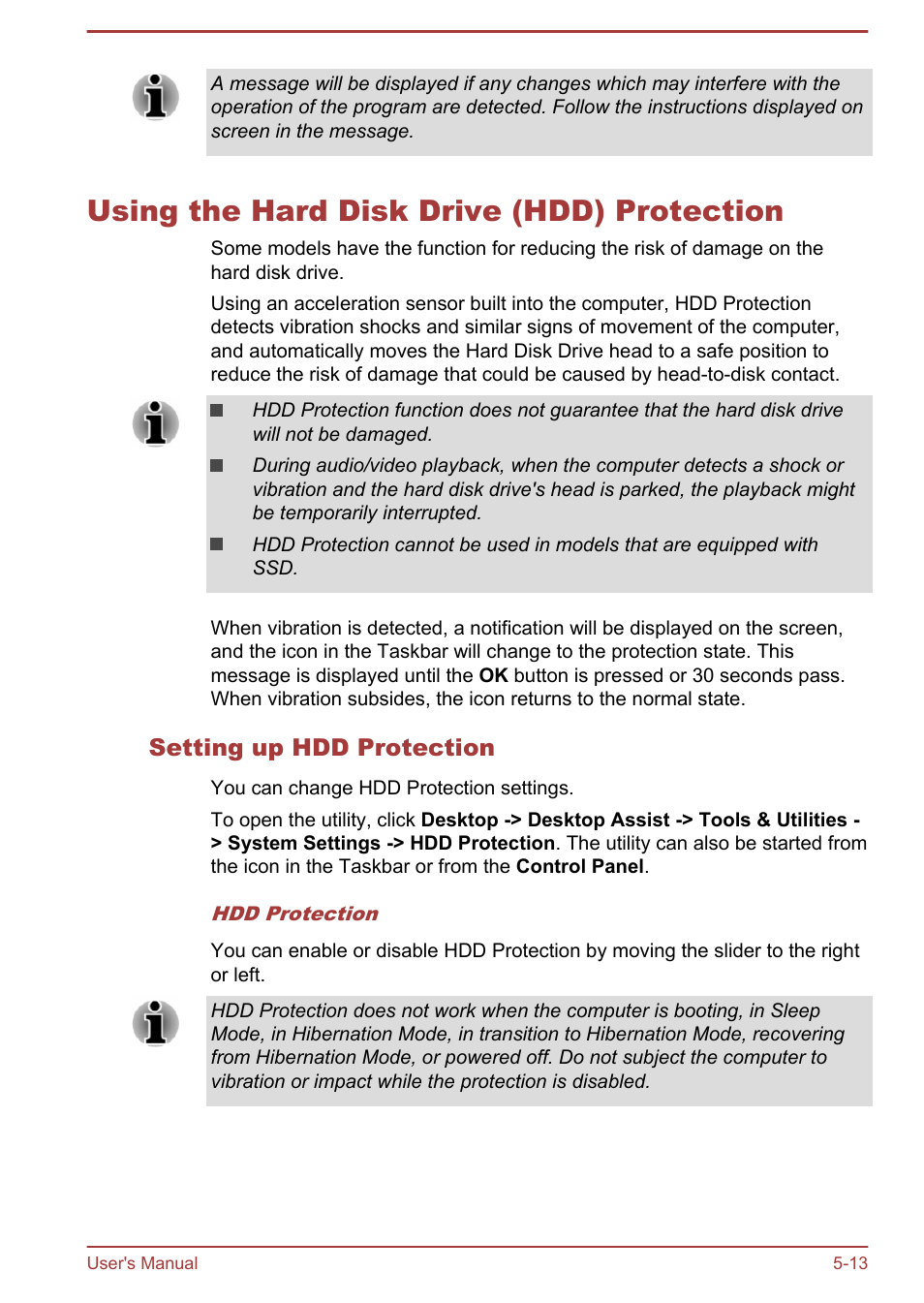 Using the hard disk drive (hdd) protection, Setting up hdd protection, Using the hard disk drive (hdd) protection -13 | Toshiba Satellite Pro A50-A User Manual | Page 107 / 149