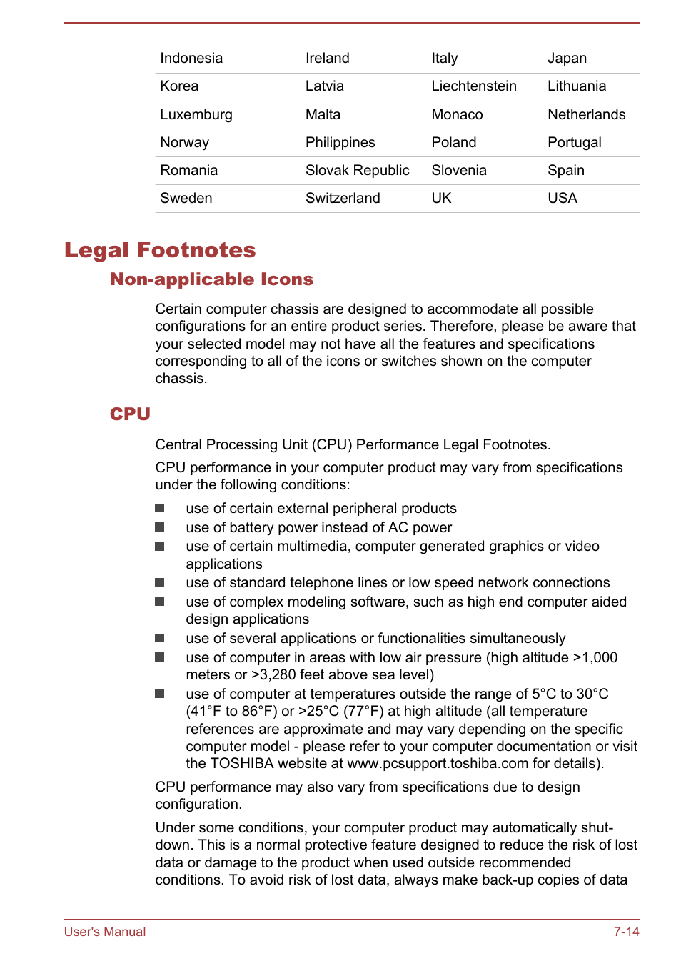 Legal footnotes, Non-applicable icons, Legal footnotes -14 | Section | Toshiba Satellite Pro A50-A User Manual | Page 141 / 149