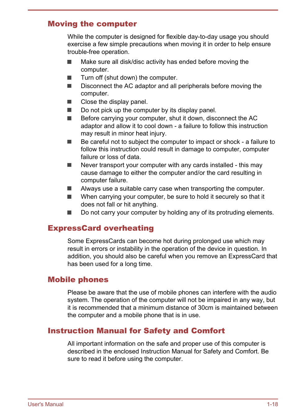 Moving the computer, Expresscard overheating, Mobile phones | Instruction manual for safety and comfort | Toshiba Satellite Pro A50-A User Manual | Page 21 / 149